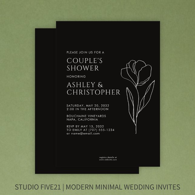 Modern Drawn Floral Black Onyx Wedding Shower Invitation (Creator Uploaded)