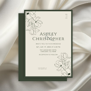 Modern Drawn Floral Dark Moss Green Wedding Invitation