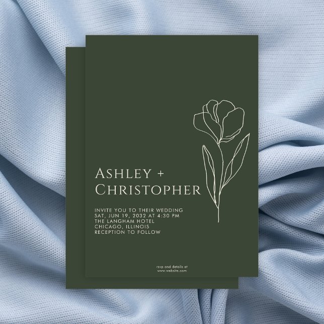 Modern Drawn Floral Dark Moss Green Wedding Invitation (Creator Uploaded)
