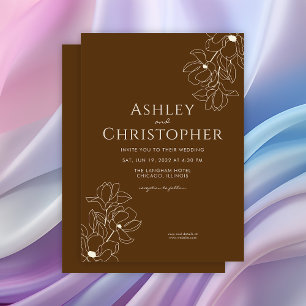 Modern Drawn Floral Golden Brown Wedding Invitation
