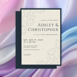 Modern Drawn Floral Navy Blue Wedding Invitation