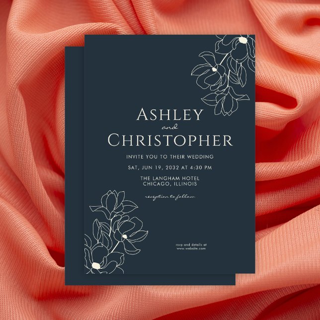 Modern Drawn Floral Navy Blue Wedding Invitation (Creator Uploaded)