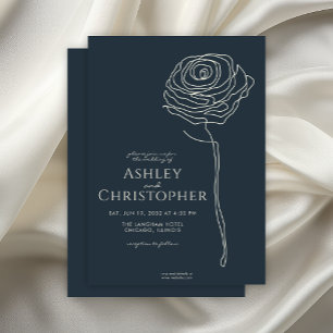 Modern Drawn Floral Navy Blue Wedding Invitation