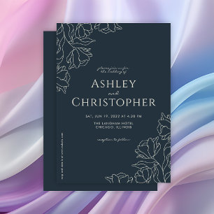 Modern Drawn Floral Navy Blue Wedding Invitation