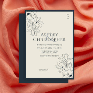 Modern Drawn Floral Navy Blue Wedding Invitation