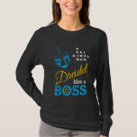 Modern Dreidel Like A Boss Hanukkah T-Shirt<br><div class="desc">Modern, stylish DREIDEL LIKE A BOSS Hanukkah Long-Sleeved T-Shirt. The design shows a cyan blue dreidel and blue, yellow and white typography. In the top right hand corner, you can read the names of the four dreidel sides in a word puzzle format (HEI can be changed to HEY or HAY,...</div>
