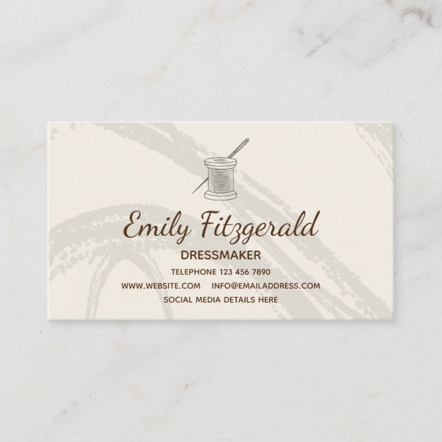 Modern Dressmaker Seamstress Needle Thread Cream Business Card (Front)