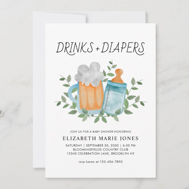 Modern Drinks and Diapers Beer Bottle Baby Shower Invitation (Front)