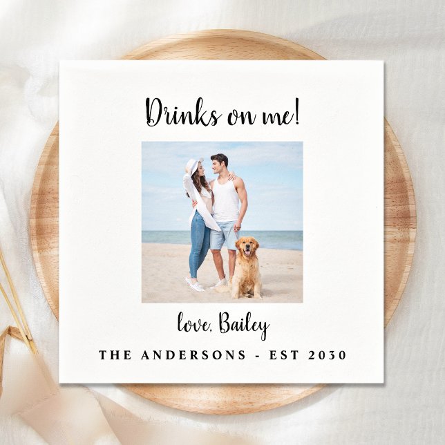 Modern Drinks On Me Dog Photo Pet Wedding Napkin (Creator Uploaded)