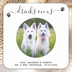 Modern Drinks On Us Personalised Photo Pet Wedding Square Paper Coaster