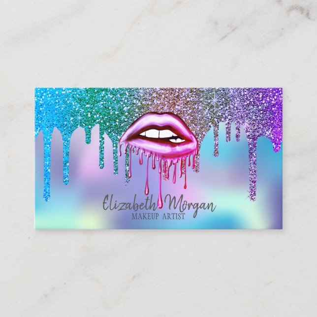 Modern Drips Holographic  Metallic Dripping Lips Business Card (Front)