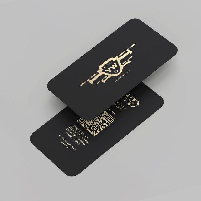 Modern Drone Operator Black Gold Monogram  Business Card (Modern Drone Pilot Black Gold Monogram Professional Drone Flying Service Business Card
)