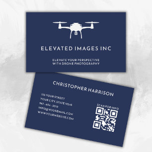 Modern Drone Pilot Photography QR Code Navy White Business Card