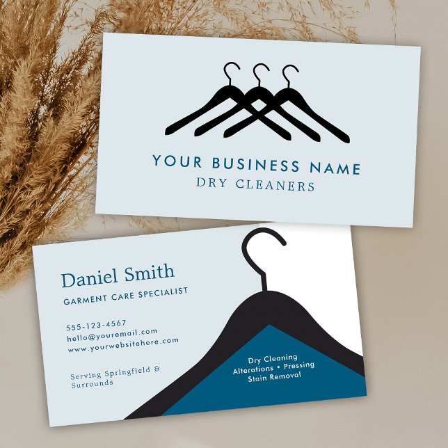 Modern Dry Cleaning Laundry Hanger Blue & White Business Card (Professional sry cleaners business cards in white and blue)