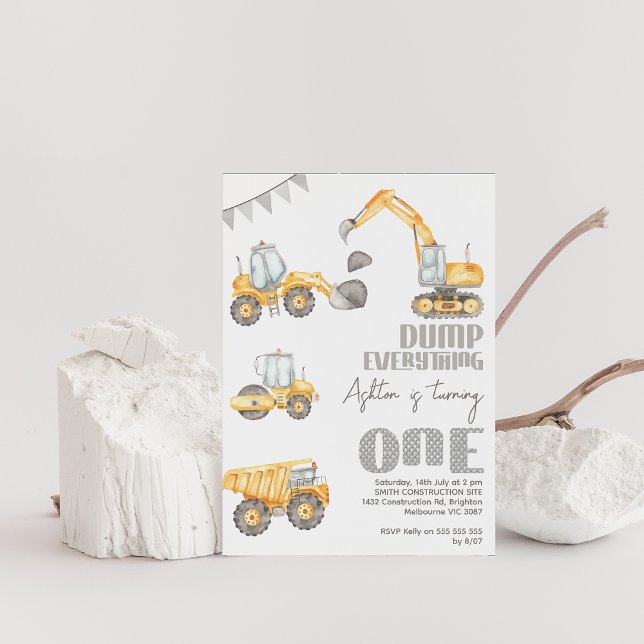 Modern Dump Everything Construction 1st Birthday Invitation (Modern construction 1st birthday invitation,  Dump everything first birthday party invitation,)