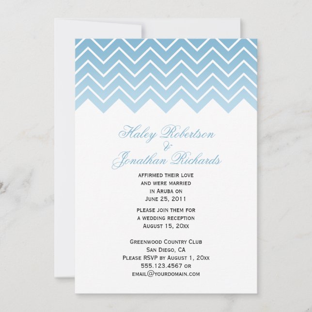 Modern Dusk Blue Ombre Chevron Zigzag Post Wedding Invitation (Front)
