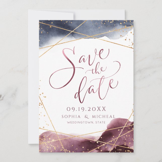 Modern Dusk Watercolor Geometric calligraphy Save The Date (Front)