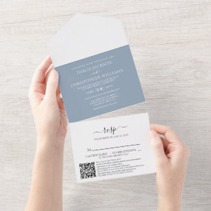 Modern Dusty Blue 2 Photo QR Code RSVP Wedding All In One Invitation