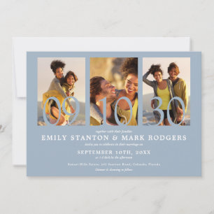 Modern Dusty Blue 3 Photo Collage Wedding Invitation