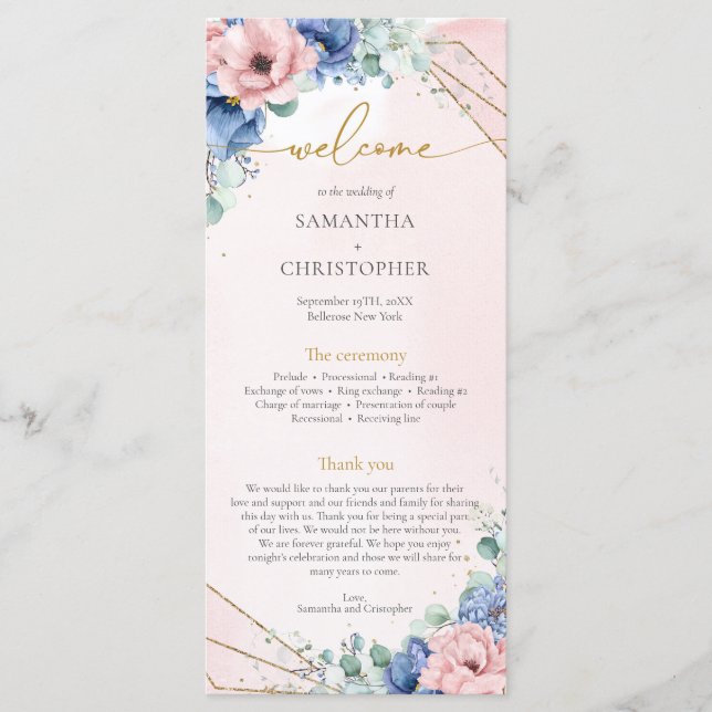 Modern dusty blue and rose gold flowers wedding programme (Front)