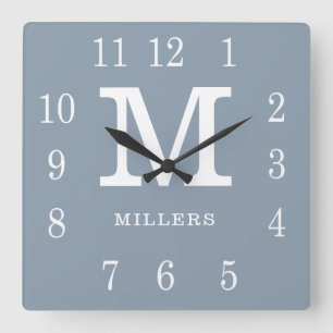 Modern Dusty Blue And White Family Name Monogram Square Wall Clock