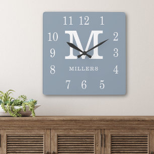 Modern Dusty Blue And White Family Name Monogram  Square Wall Clock