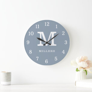 Modern Dusty Blue And White Monogram Family Name Large Clock