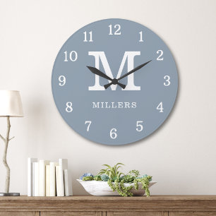 Modern Dusty Blue And White Monogram Family Name  Large Clock