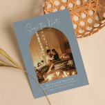 Modern Dusty Blue Arch Photo Boho Wedding Monogram Save The Date<br><div class="desc">Modern Dusty Blue Arch Photo Boho Wedding Monogram Save the Date. Easily personalise by replacing each info. Please upload vertical/portrait photos. Make sure to check the preview before adding to cart. (Sample Photo by Jonathan Borba from Pexels)</div>