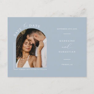 Modern Dusty Blue Arch Photo QR Code Save the Date Postcard