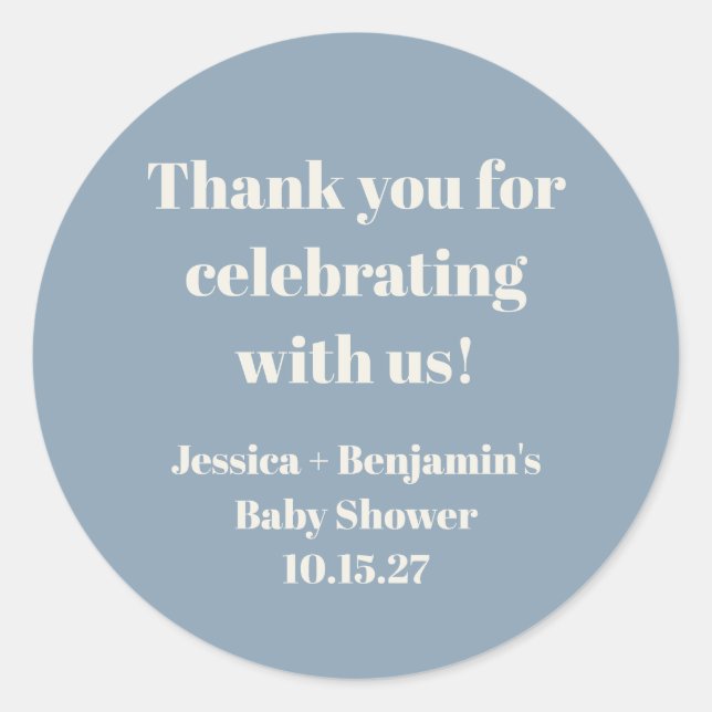 Modern Dusty Blue Baby Shower Custom Thank You Classic Round Sticker (Front)