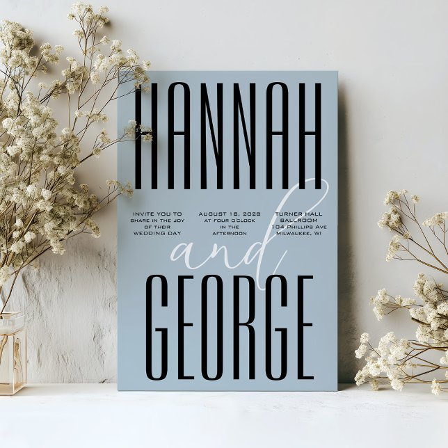 Modern Dusty Blue & Black Simple QR Code Wedding Invitation (Modern dusty blue wedding invitation bold black typography with elegant script calligraphy & QR code)