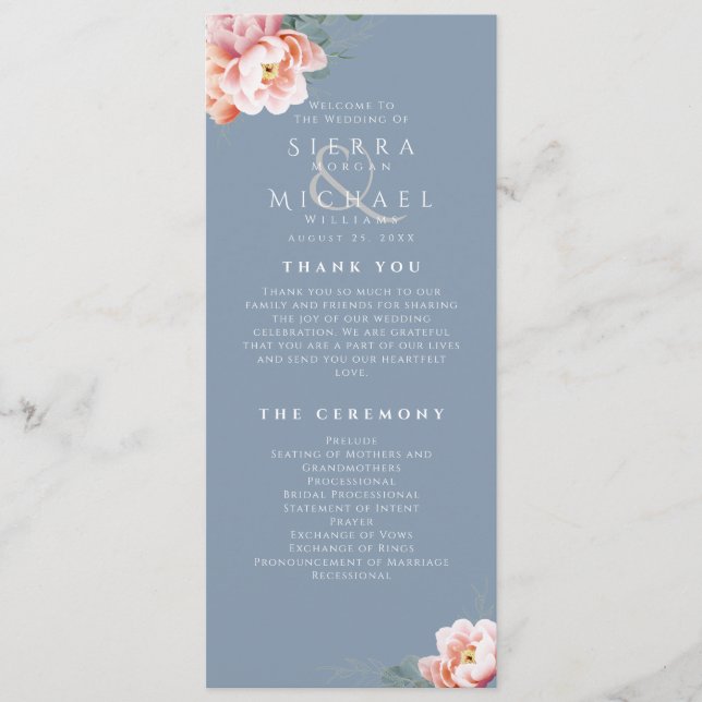 Modern Dusty Blue Blush Floral Wedding Ceremony Programme (Front)