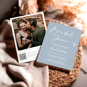 Modern Dusty Blue Boho Bridal Shower QR Code Photo Invitation