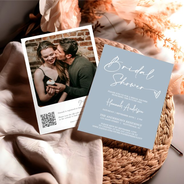 Modern Dusty Blue Boho Bridal Shower QR Code Photo Invitation (Creator Uploaded)