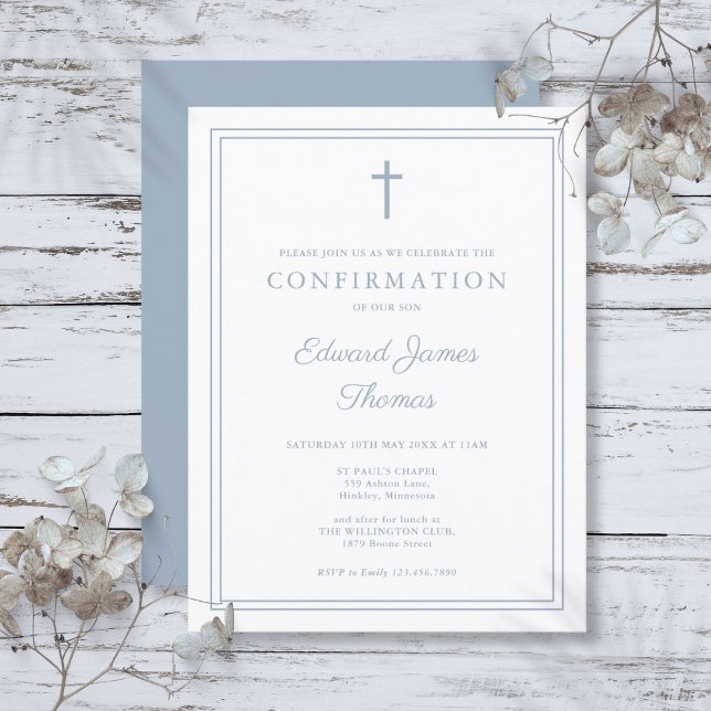 Modern Dusty Blue Border Confirmation Invitation Postcard (Modern Dusty Blue Border Confirmation Invitation Postcard)