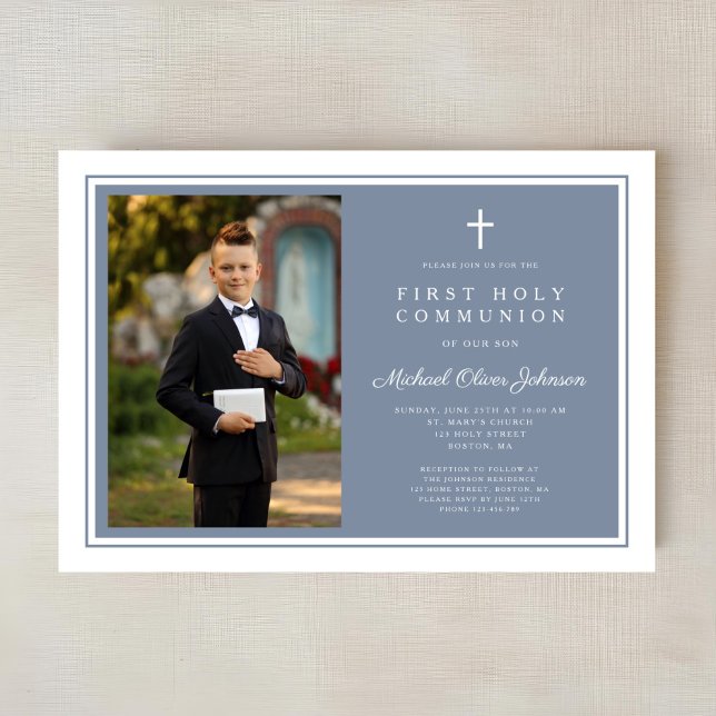 Modern Dusty Blue Boy Photo First Communion Invitation (Modern Dusty Blue Boy Photo First Communion Invitation)