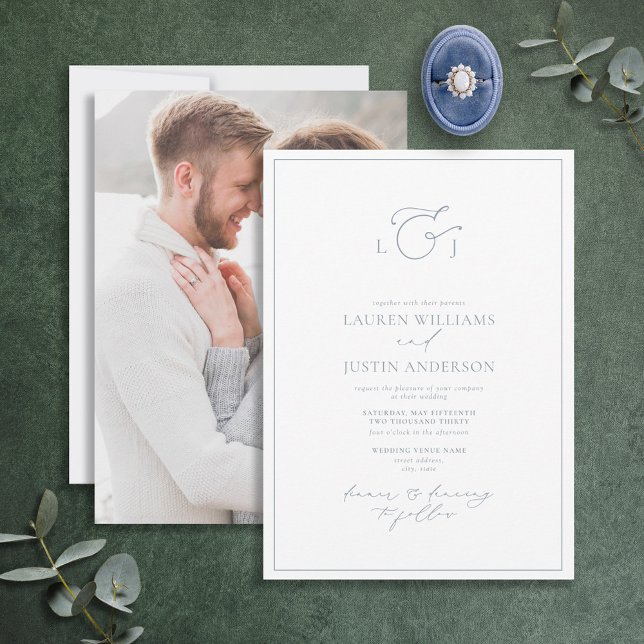 Modern Dusty Blue Calligraphy Monogram Photo Invitation (Creator Uploaded)