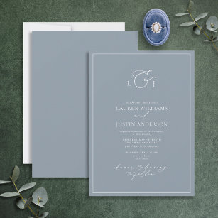 Modern Dusty Blue Calligraphy Monogram Wedding Inv Invitation