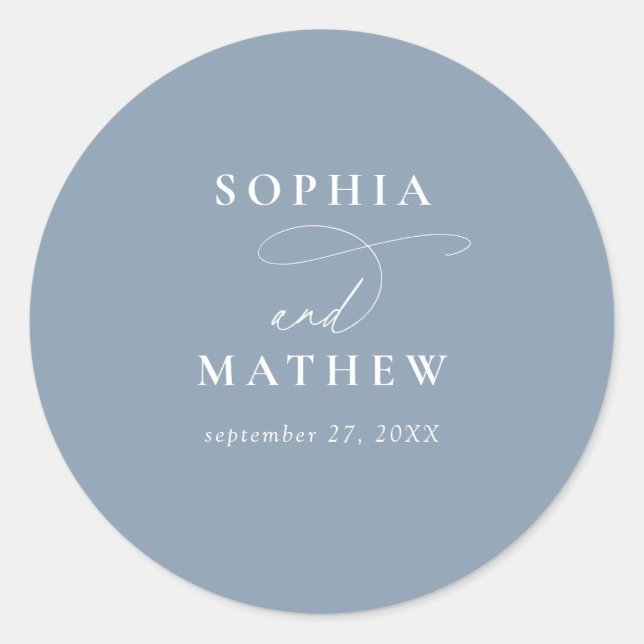 Modern Dusty Blue Calligraphy Wedding Classic Round Sticker (Front)