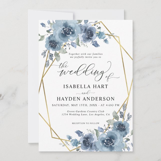 Modern Dusty Blue Chic Floral Gold Frame Wedding Invitation (Front)