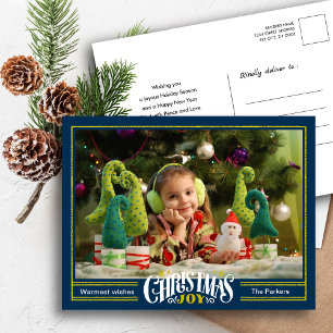 Modern Dusty Blue Christmas JOY Minimalist Photo   Holiday Postcard