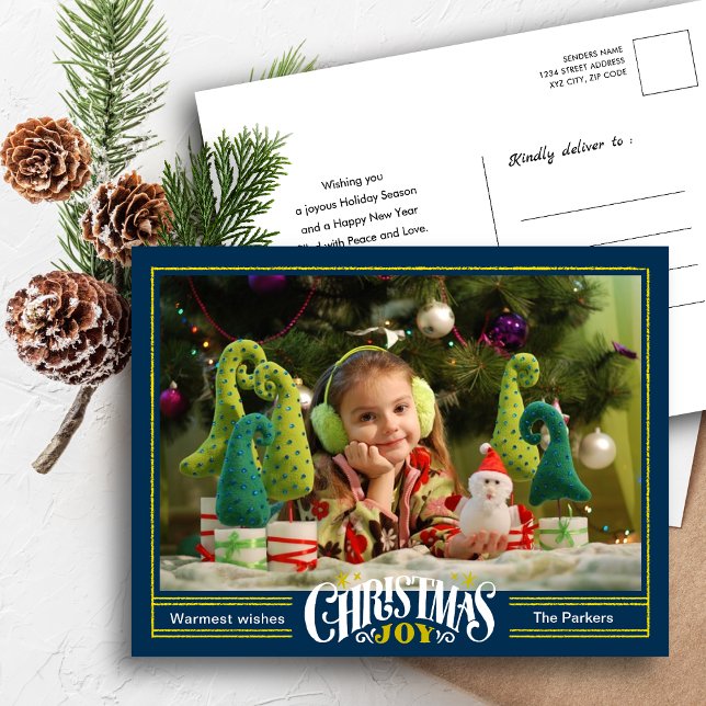 Modern Dusty Blue Christmas JOY Minimalist Photo   Holiday Postcard (Creator Uploaded)