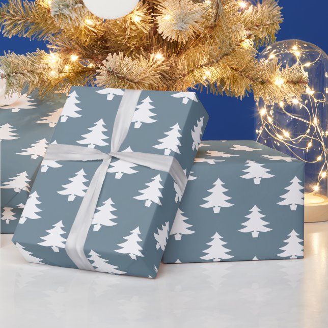 Modern Dusty Blue Christmas Tree Pattern Holiday Wrapping Paper (Holidays)