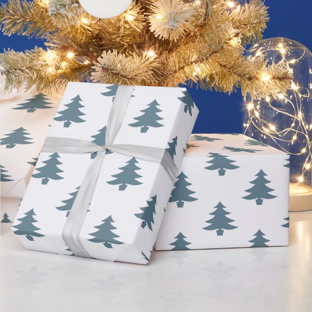 Modern Dusty Blue Christmas Trees Pattern Wrapping Paper (Holidays)