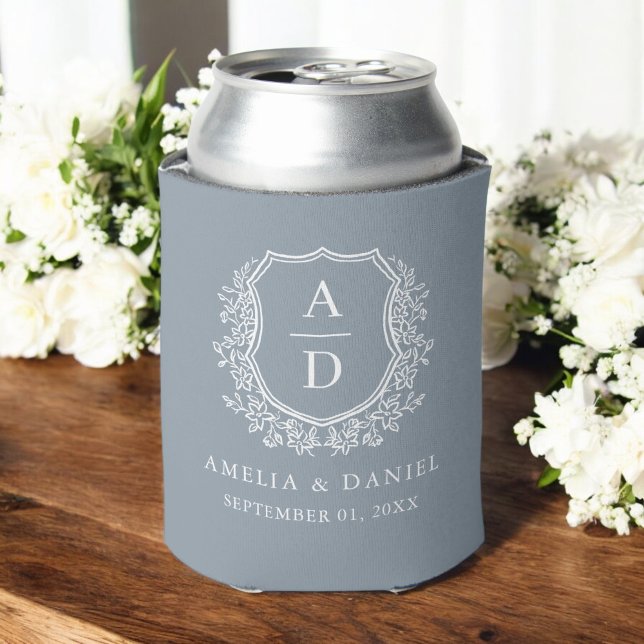 Modern Dusty Blue Crest Modern Monogram Wedding  Can Cooler (Creator Uploaded)