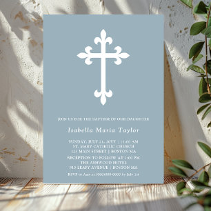 Modern Dusty Blue Cross Baptism Invitation