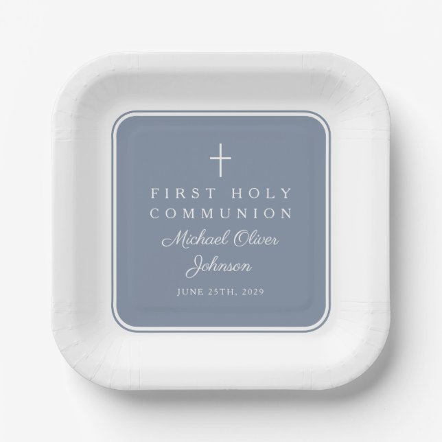 Modern Dusty Blue Cross Boy First Communion Paper Plate (Front)