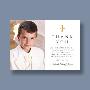 Modern Dusty Blue Cross Boy First Communion Photo Thank You Card