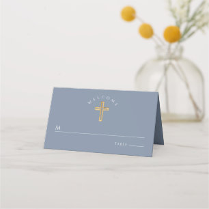 Modern Dusty Blue Cross Boy First Communion Place Card